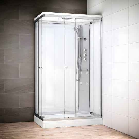 Cabine douche hydromassage SILVER rectangulaire avec accès en angle | Version droite avec vitres blanches