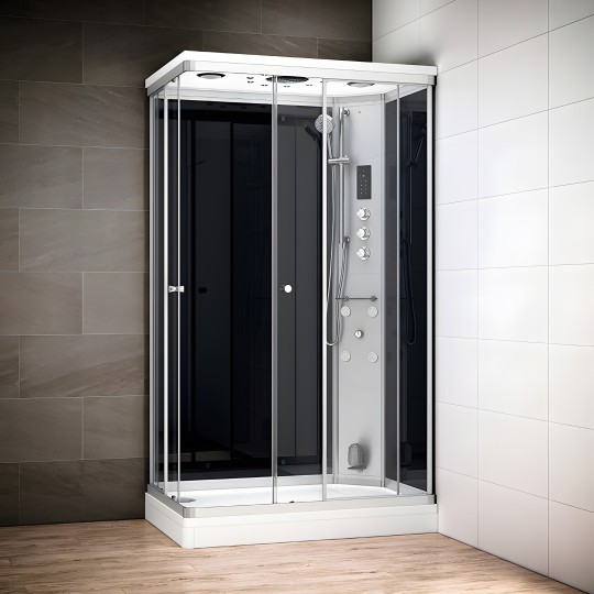 Cabine douche hammam SILVER rectangulaire avec accès en angle | Version gauche avec vitres noires