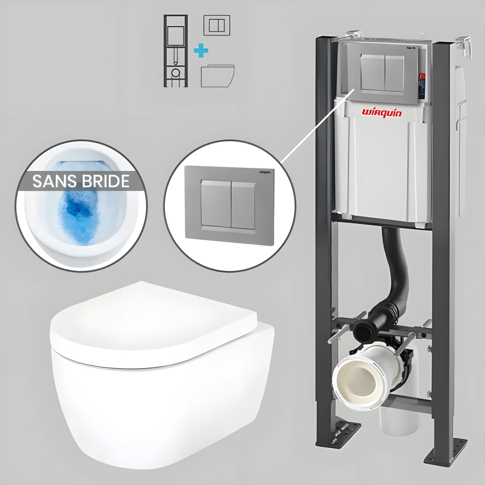 Pack WC suspendu sans bride avec bâti-support autoportant WIRQUIN PRO et plaque grise