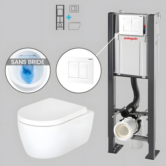 Pack WC suspendu sans bride avec bâti-support autoportant WIRQUIN PRO et plaque blanche