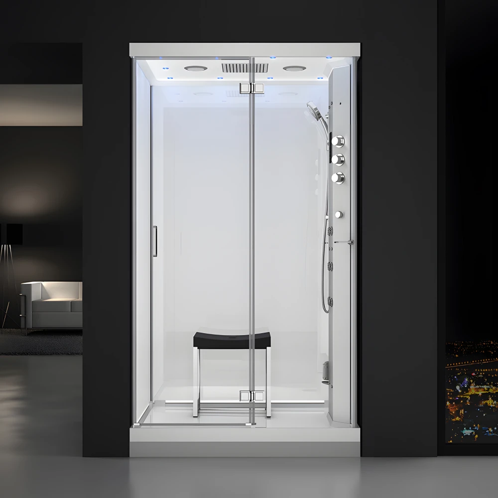Cabine douche hammam URBAN 120x90cm (version droite) avec verres blancs sur 3 côtés