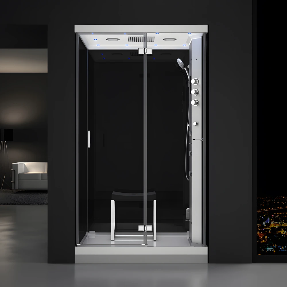 Cabine douche hammam URBAN 120x90cm (version droite) avec verres noirs sur 3 côtés